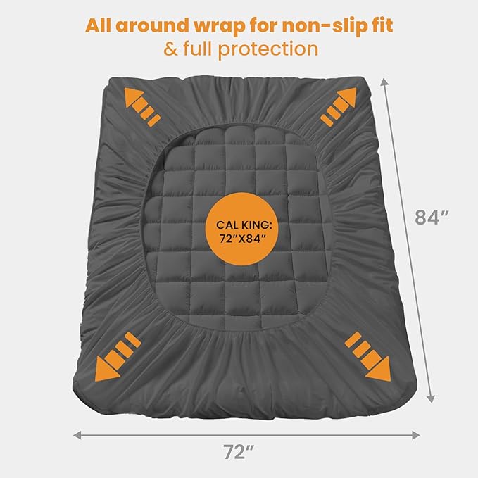 MATBEBY California King Mattress Pad - Cooling Breathable Mattress Topper, Quilted Fitted Mattress Protector, Pillow Top Mattress Cover with 8-21" Deep Pocket, Machine Washable, Dark Grey, Cal King