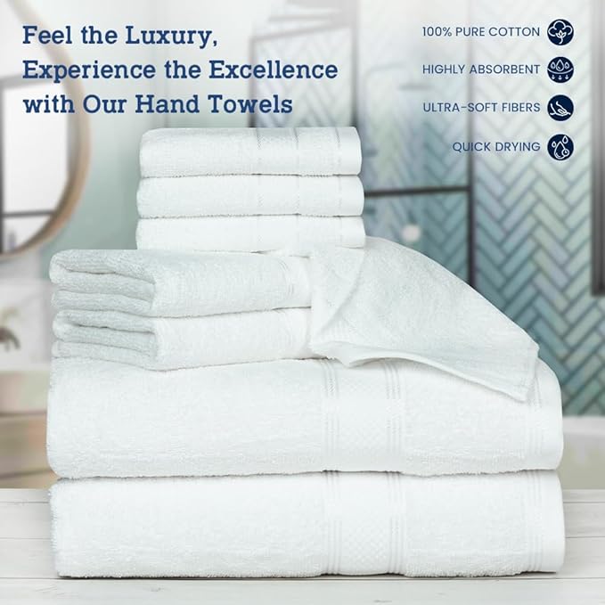 Casa Lino Bath Towel Set of 8 (2 Bath Towels, 4 Wash Cloths & 2 Hand Towels for Bathroom) - 100% Cotton - Highly Absorbent & Quick Dry - Guest Room Essentials for Bathroom Set - (White)