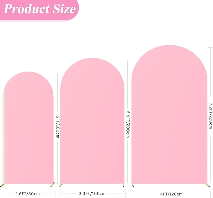 Fomcet Set of 3 Wedding Arch Covers - 6FT, 6.6FT, 7.2FT Pink 2-Sided Round Top Spandex Arch Backdrop Cover Fitted Fabric for Birthday Party, Baby Shower, Wedding Stand Decoration