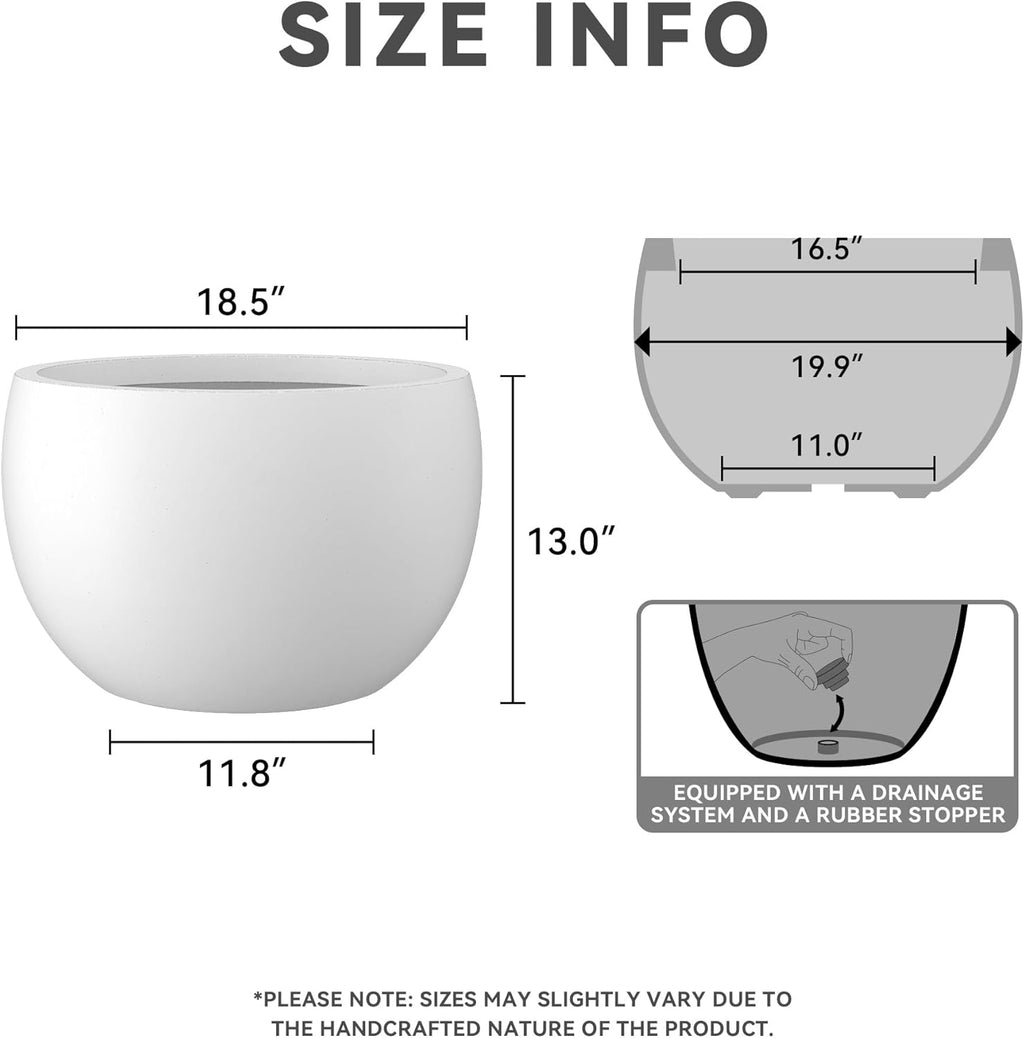Kante 19.9" Dia Round Concrete Planter, Outdoor/Indoor Large Bowl Plant Pots with Drainage Hole and Rubber Plug for Garden Patio Balcony Home, Pure White
