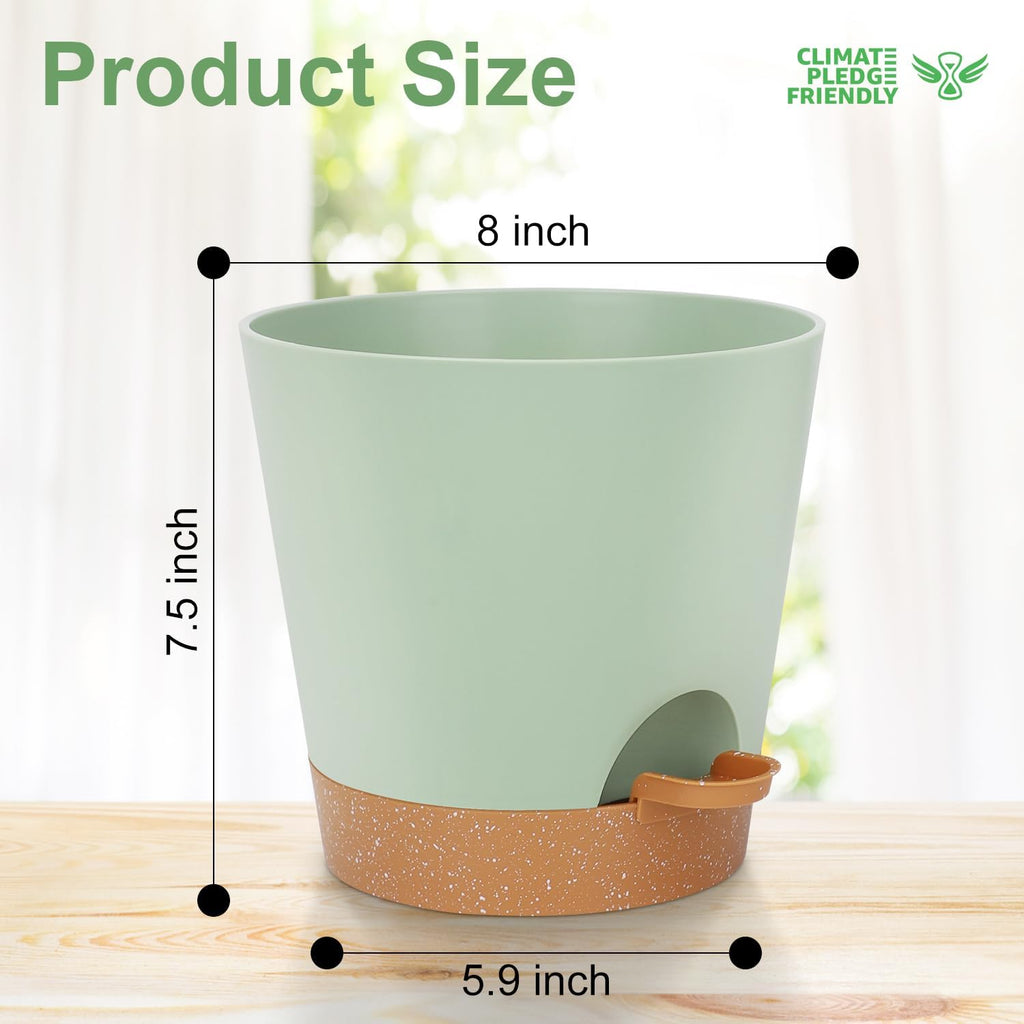 8-Inch Plant Pots, Self-Watering Planters with Drainage Holes & Saucers for Indoor and Outdoor Plants (2-Pack, Green)