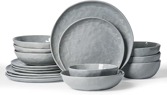 Famiware Porcelain kitchen plates and bowls set, Modern dishes set for 4, Handmade Wave Edge Dinnerware Sets, Microwave and Dishwasher Safe Tableware, Sleek Grey (16pc)
