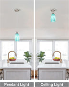 Mini Pendant Light,Handcrafted Art Glass Pendant Lighting Shade with Brushed Nickel Finished Teal Glass Ceiling Hanging lamp Adjustable Cord for Kitchen Island,Hallway,Dining Room