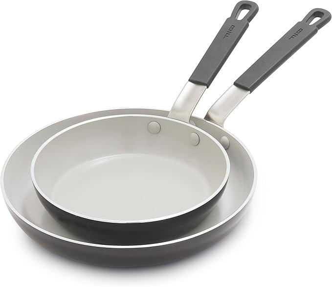 GreenPan x Bobby Flay 2 Piece- 8” and 10” Nonstick Frying Pan Skillet Set, PFAS-Free Diamond Ceramic, Induction Suitable, Stay-Cool Silicone Handle, Easy Clean Dishwasher & Oven Safe, Graphite