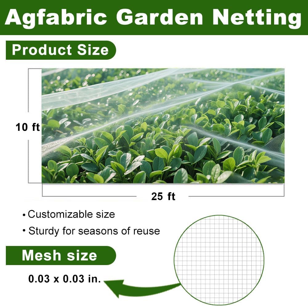 Agfabric Garden Netting 10'x25' Insect Pest Barrier Bird Netting for Garden Protection,Row Cover Mesh Netting for Vegetables Fruit Trees and Plants,White