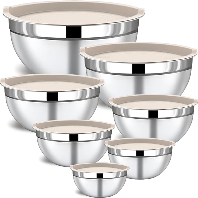 Mixing Bowls with Lids Set - 7 Piece Khaki Nesting Stainless Steel Mixing Bowls for Kitchen, Sizes 4.5, 4, 3.5, 2.1, 1.5, 1.1, 0.7 Qt for Baking, Cooking and Serving, Dishwasher Safe