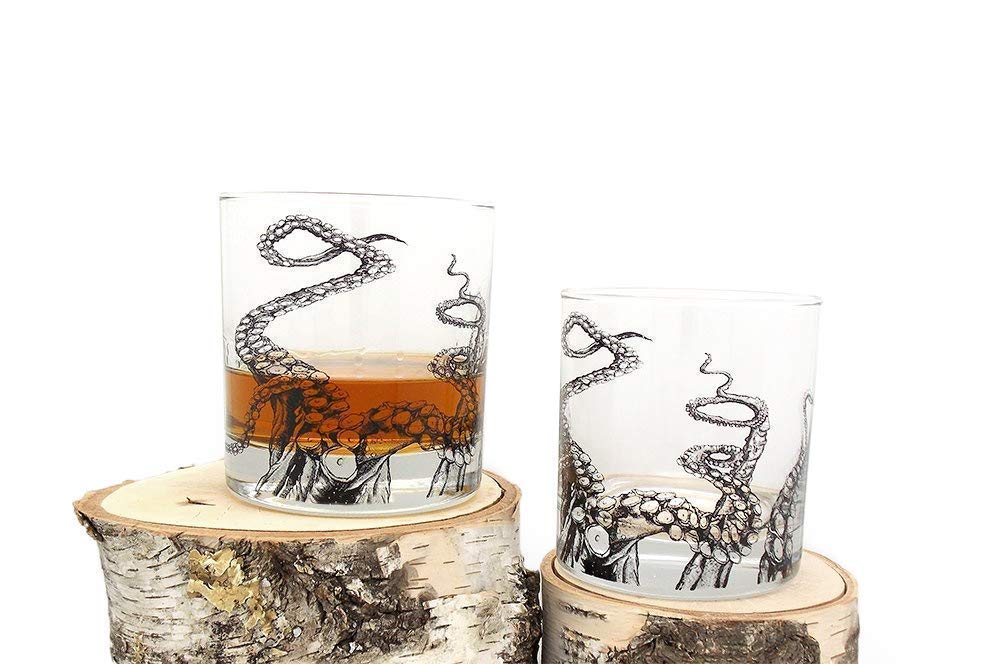 Octopus Tentacle Whiskey Glasses - Set of Two 11oz. Old Fashioned Glasses with Gift Box