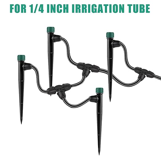 Drip Irrigation Emitters for 1/4" Drip Tubing,Adjustable 360 Degree Automatic Irrigation Drippers on 5.5" Arrow Stake,with1/4 Locked Tee for Watering System(10Pcs Drippers and 10Pcs Tee)