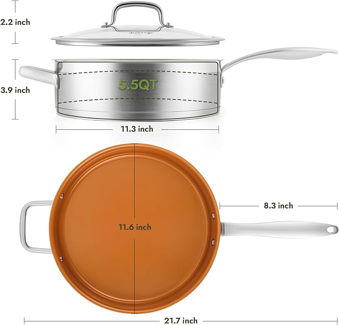 Ceramic Saute Pan with Lid, 5.5QT Nonstick Frying Pan without PFAS, PTFE, or PFOA, Stainless Steel Base Deep Skillet for All Cooktops, Oven & Dishwasher Compatible
