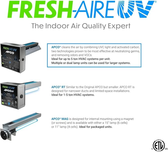APCO Carbon Cell Matrix HVAC UV Air Purifier with Power Cord, Includes 1-Year UVC Lamp (18-32 VAC Series) # TUV-APCO-ER