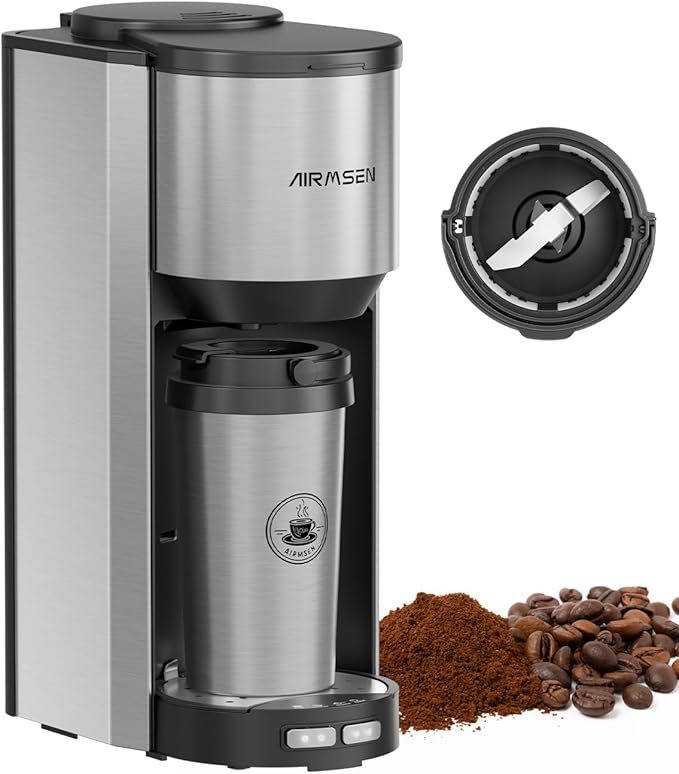 AIRMSEN Single Serve Coffee Maker with Grinder, Grind and Brew All in One - 6-16 Oz Single Cup Coffee Machine with 19 oz Travel Mug - Adjustable Drip Tray, Overheat Protection