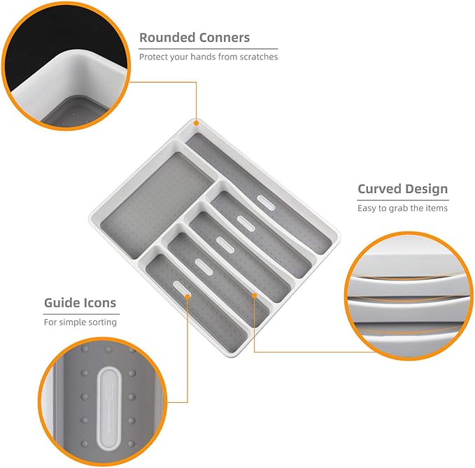 LeMuna Silverware Organizer Tray for Drawer, 6 Compartment Kitchen Drawer Organizer, Soft Grip Lining and Non-Slip Rubber Feet, Flatware Plastic Cutlery Tray
