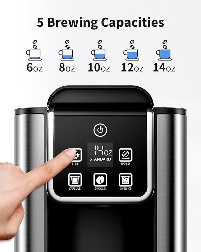 Hot & Iced Coffee Maker with Bold Setting, Single Serve Coffee Maker for K Cup and Grounds, 6-14 Oz Brew Sizes, 50 Oz Removable Water Tank, One Cup Coffee Machine with Reusable Filter, Black