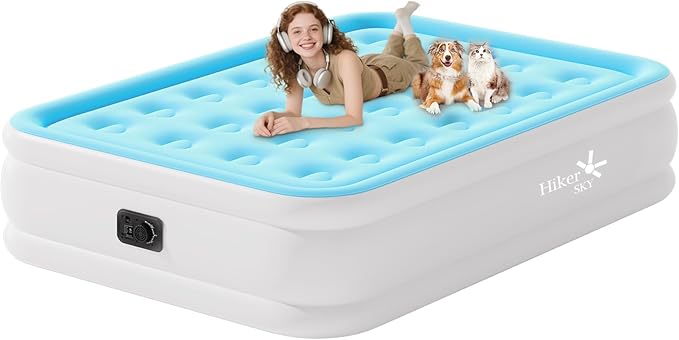 Full Size Air Mattress with Built in Pump, Air Bed with Portable Storage Bag, 18'' Blow up Mattress Suitable for Home and Guests, Top Flocking, 18" Full Sky Blue