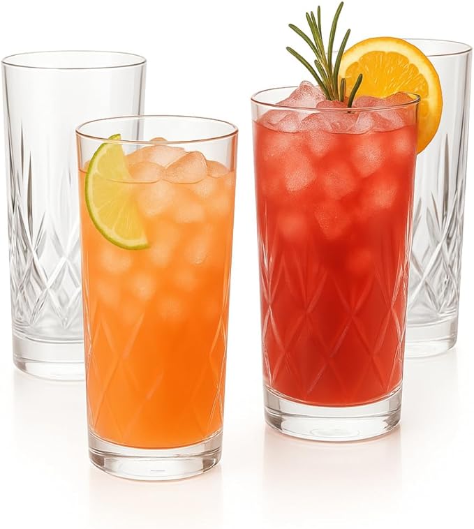 LEMONSODA Premium 12oz Highball Glass, for Water, Juices, cocktails - Set of 4 - Crystal Cut Glasses – Elegant Textured Tom Collins Glassware Set - Premium Packaging