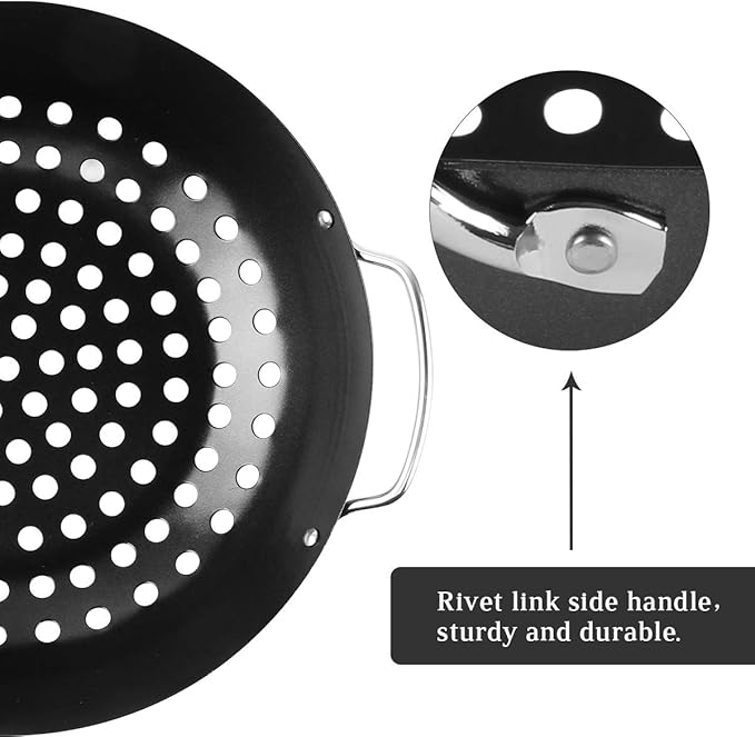 Round Grill Wok with Handle for Green Egg Veggie Basket BBQ Accessory Barbecue Tools for M/L/XL Green Egg Accessories for StriFry,Shrimp,Meat&Vegetable Outdoor Camping Cookware