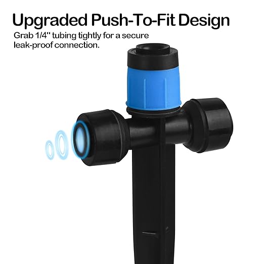 Push-to-Fit Drip Irrigation Vortex Emitters for 1/4" Drip Irrigation Tubing, 20 Pcs Adjustable 360 Degree Water Flow Fan Shape Drippers with Stake in-Line Drip System Emitter