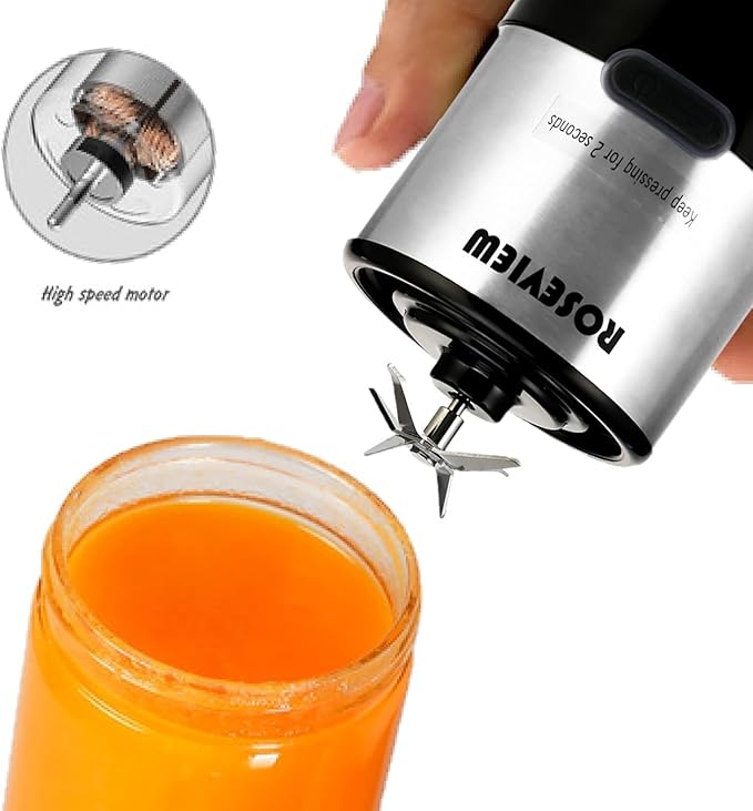 Portable Smoothie blender ROSEVIEW Glass bottle USB rechargeable mini Handheld Ice Shakes Cup 2 speed blend juicer Cordless Personal smoothies maker Fruit mixer (Stainless)