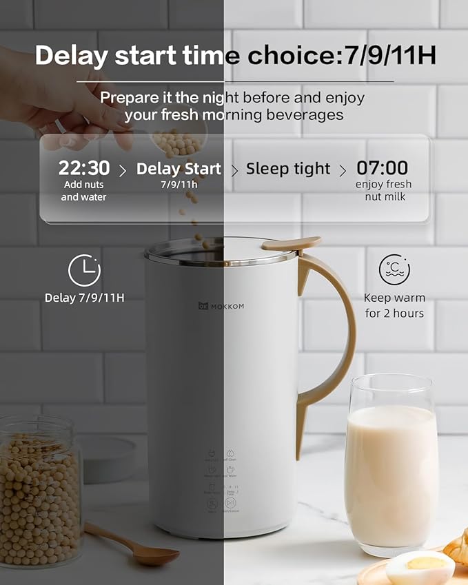 OK MOKKOM Automatic Nut Milk Maker 20 oz Soy Milk Maker, Homemade Almond, Oat, Coconut, Soy, Plant-Based Milk Dairy Free Beverages, Almond Milk Maker with Delay Start/Boild Water/Self Clean - White