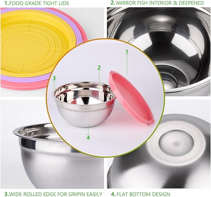 Mixing Bowls with Lids for Kitchen - 26 PCS Stainless Steel Nesting Colorful Mixing Bowls Set for Baking,Mixing,Serving & Prepping,Size 5, 3.7, 2.8, 2.3, 1.7, 1.1, 0.7QT,11 Cooking Utensils