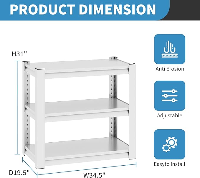 31.5" H Metal Storage Shelving, 1500LBS Heavy Duty Shelves Unit, Adjustable 3 Tier Storage Rack, Industrial Utility Shelf for Garage, Warehouse, Bedroom, Kitchen,18" D×34“W×31.5”H, White
