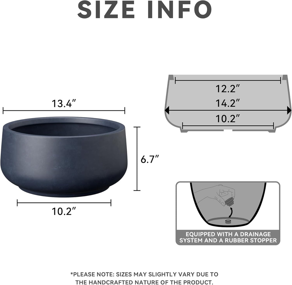 Kante 13.4" Dia Round Curvy Concrete Planter, Large Plant Pots with Drainage Hole and Rubber Plug for Indoor Outdoor Plants, Flower Pot for Home Garden Patio Porch, Charcoal