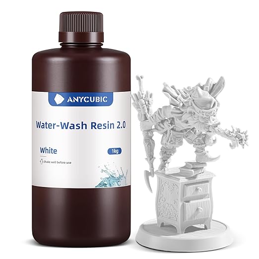 ANYCUBIC Water Washable 3D Printer Resin 2.0, 405nm High Precision 3D Resin, Low Shrinkage Photopolymer Resin for 4K/8K/12K Capable LCD DLP Resin 3D Printer (White, 1000g)