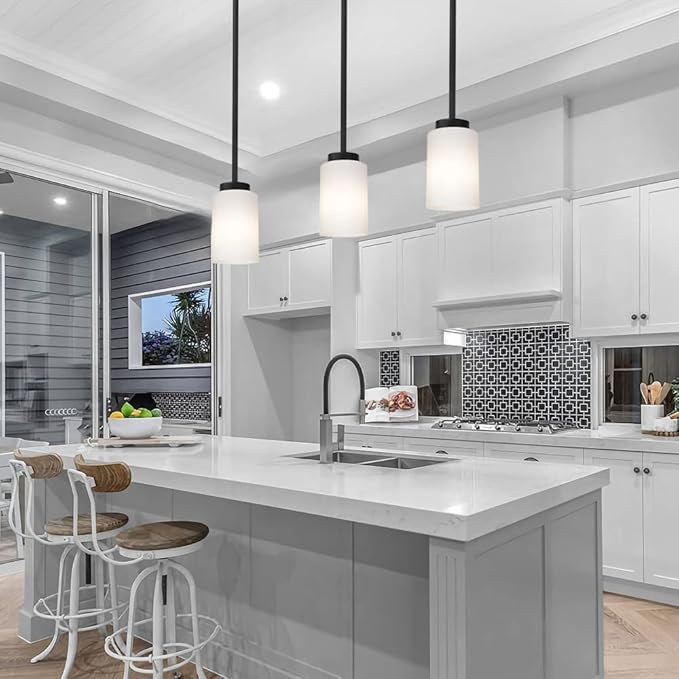 Black Pendant Light Fixture with Opal White Glass, Farmhouse Mini Chandelier for Kitchen Island Hallway