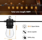 100FT LED Outdoor String Lights, Commercial Grade Patio Lights with 30+2 Shatterproof S14 Edison Vintage Bulb for Outside Backyard Porch Balcony Party Cafe Decor