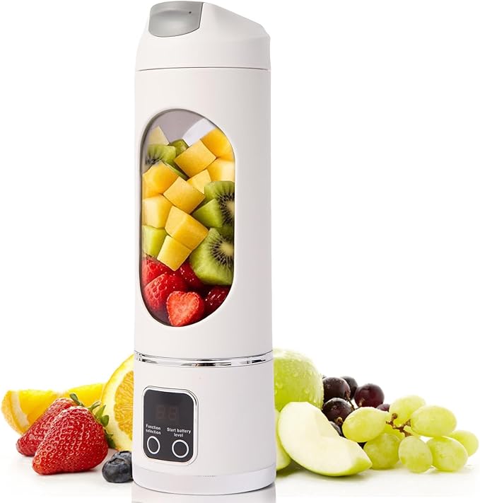 Portable Personal Blender, USB Rechargeable for Smoothie Shakes, with 12 Stainless Steel Blades & 16 Oz/450ML Cup and Extra Handle Lid, for Travel Sports Gym (White)