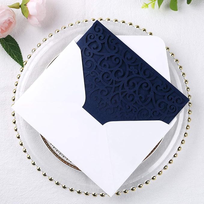 PONATIA 5.12 x 7.2 Laser Cut Invitation Pocket, 20PCS Tri-Fold 5 x 7 Laser Cut Wedding Invitation Pockets with Envelopes for Wedding Bbay Shower Birthday Sweet 16 Invite (Navy Blue, No Inner Sheet)