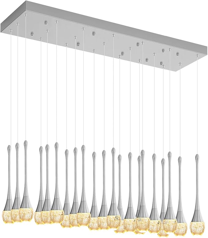 24-Lights Raindrop Chandeliers for Dining Room, Chrome Rectangular Pendant Lights Fixture,Teardrop Pendant Lights Kitchen Island, Adjustable Rectangular Chandelier for Entryway Foyer High Ceiling