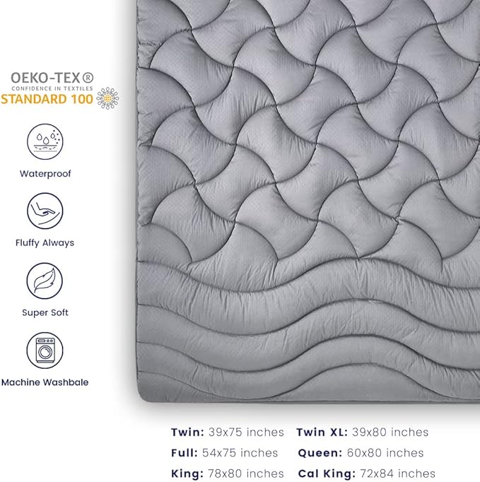 SLEEP ZONE Grey Waterproof Mattress Pad Full Size, Premium Soft Embossed Mattress Topper, Quilted Fitted Mattress Protector Cover with Elastic Deep Pocket (Grey, Full)