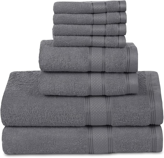 Casa Lino Bath Towel Set of 8 (2 Bath Towels, 4 Wash Cloths & 2 Hand Towels for Bathroom) - 100% Cotton - Highly Absorbent & Quick Dry - Guest Room Essentials for Bathroom Set - (Charcoal Black)