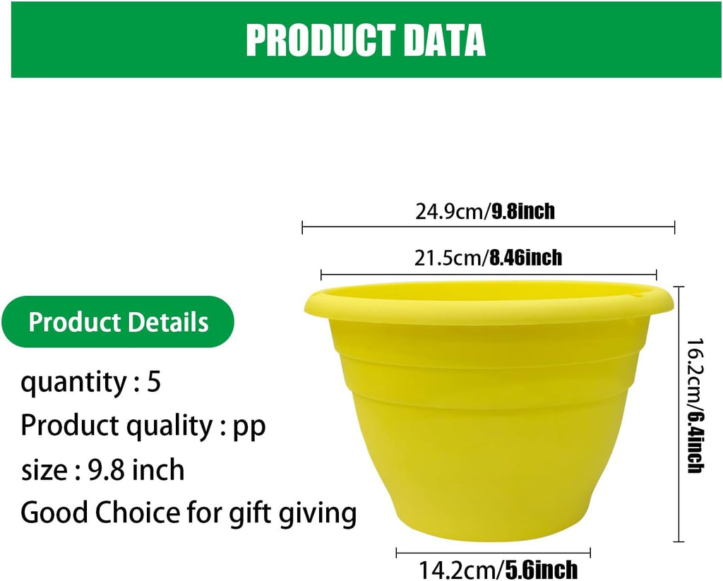 Plant Pot Set of 5, 10" Outside Diameter Flower Pots, 8.5" Inner Diameter Plant Planters with Drainage Hole, Durable Garden Pots Perfect for Indoor & Outdoor Plant Planting, Decor, Yellow