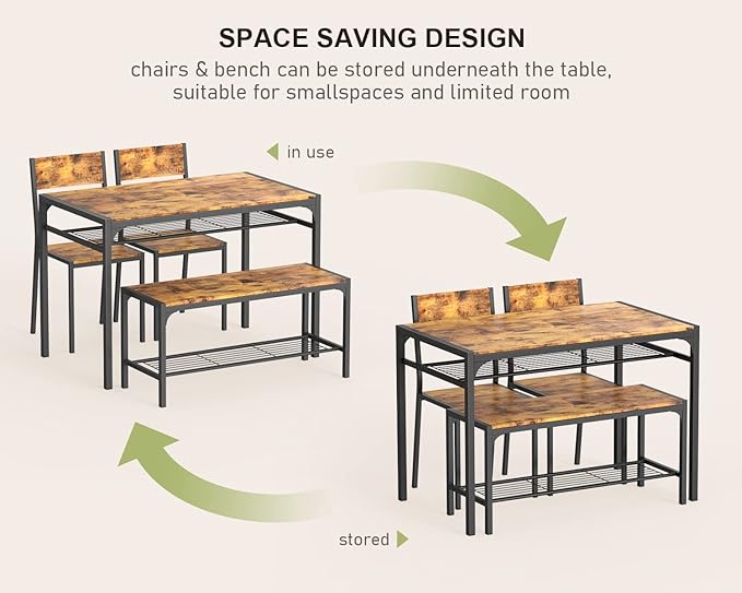 Gizoon Kitchen Table and 2 Chairs for 4 with Bench, 4 Piece Dining Table Set for Small Space, Apartment (Rustic Brown)