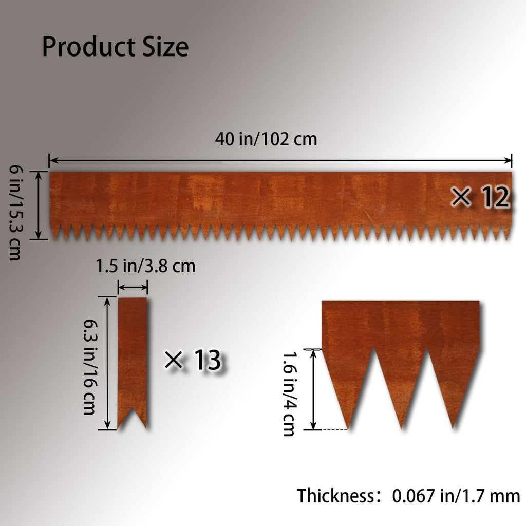 Corten Steel Landscape Edging, 40" L x 6" H, 15 GA Thickness, 12 Pack + 13 Stakes, Enhance Garden, Yard, Park, Lawn, Plants & Vegetables w/Long-Lasting Rust-Finish Cor-Ten Edging