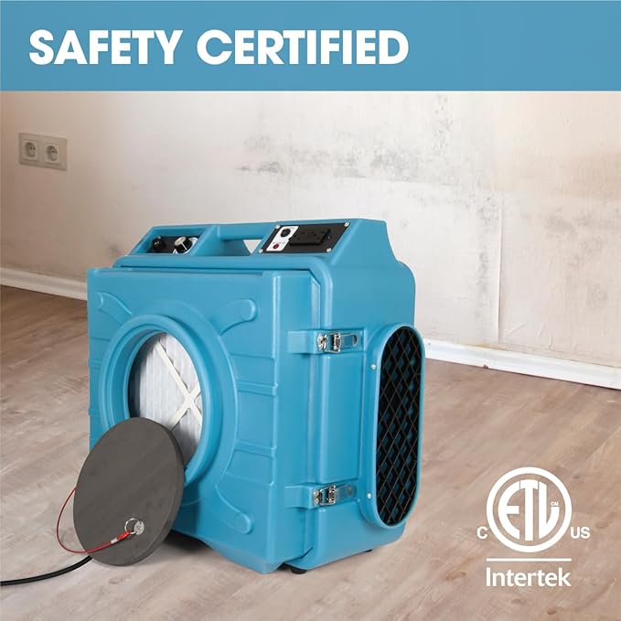 HEPA Air Scrubber with GFCI Outlets for Daisy Chain | 1/4 HP, 675 CFM, 2.2A | Water Damage Restoration, Grow Rooms | PA-600-HAS | Blue