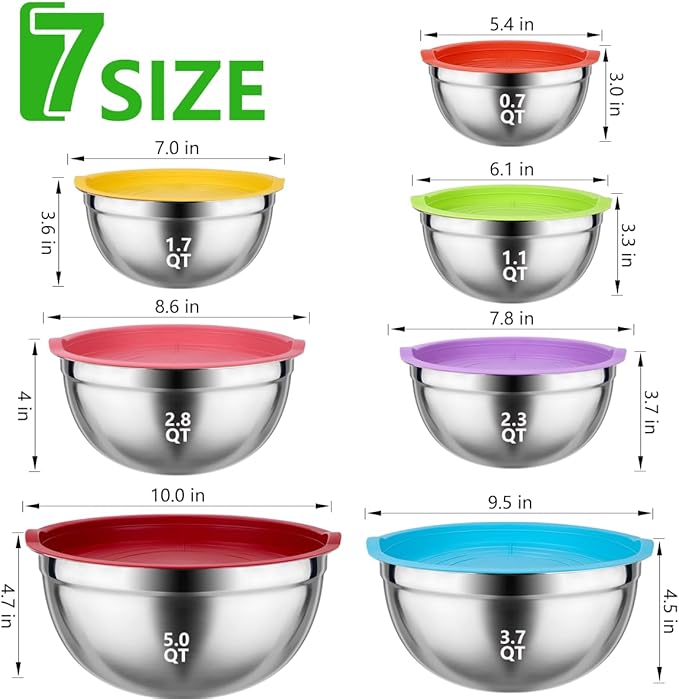 Mixing Bowls with Lids for Kitchen - 26 PCS Stainless Steel Nesting Colorful Mixing Bowls Set for Baking,Mixing,Serving & Prepping,Size 5, 3.7, 2.8, 2.3, 1.7, 1.1, 0.7QT,11 Cooking Utensils