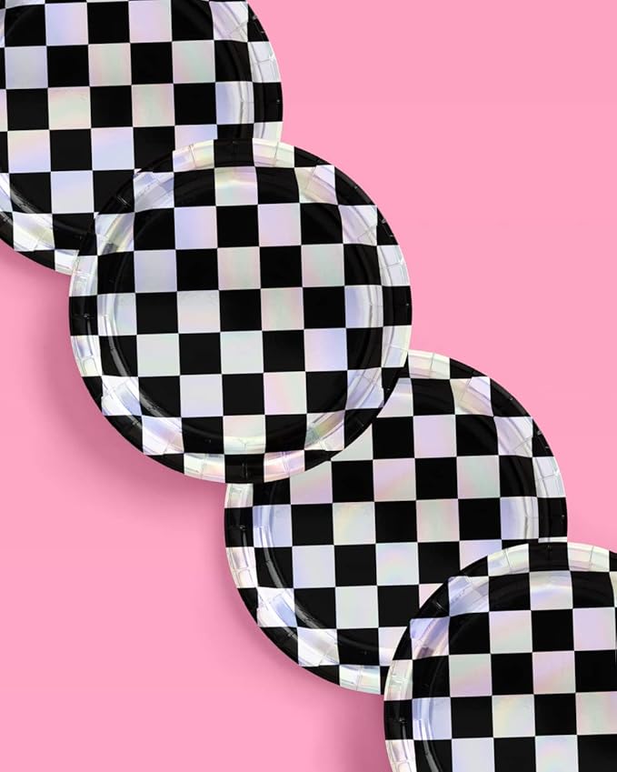 xo, Fetti Black and Iridescent Checker Paper Plates - 25 pack | Happy Birthday Party Decorations, Cute Bachelorette Party, Cool Cake Plates, Checker Disposable Party Plates
