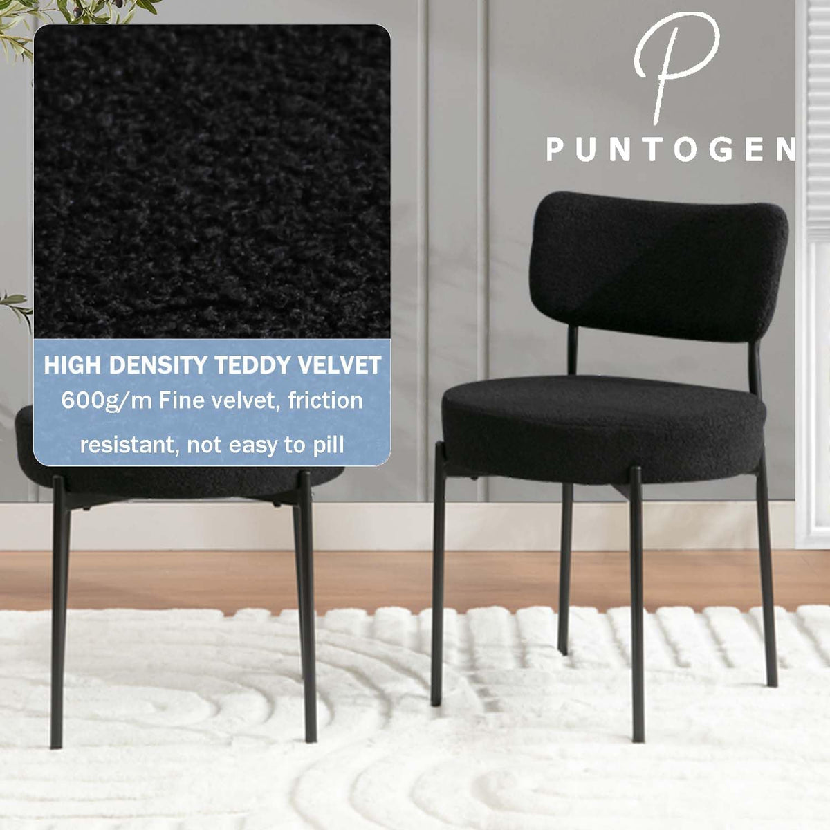 2.7" Black Dining Chairs Set of 6, Boucle Dining Chair with Curved Backrest & Metal Legs, Kitchen Chairs with Adjustable Non-Slip Foot Pads, Mid Century Dining Chair for Living Room