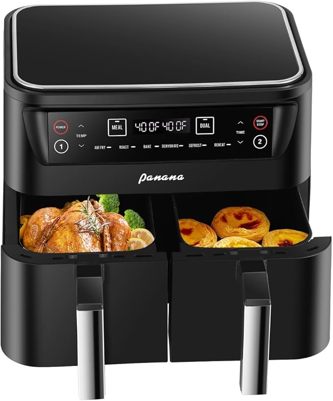 Panana Air Fryer 8.5QT, 6 in 1 Air Fryers Dual Zone 2 Busket,1800W Air Fryer for Roast, Bake, Dehydrator, Defrost, Reheat Quick Meals