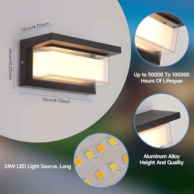Outdoor Porch Light 24W Outdoor Wall Sconce Lights 3 Color 3000K/4000K/6500K Outdoor Light Fixture 2100LM IP65 Waterproof for House Garage Exterior Lighting fixtures Backyard Garden 1 Pack