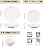 MDZF SWEET HOME 12-Piece White Ceramic Dinnerware Set - Rhine Series, Service for 4, Includes Bowls, Flat & Deep Plates, Microwave & Dishwasher Safe