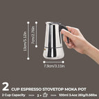 2 Cup 100ml Moka Pot Stainless Steel Espresso Coffee Maker Stovetop Percolator Coffeemaker Italian Classic Style Brewing Greca Cafe Mocha Machine for Cafeteras Lover Camping Travel and Home Use 3.3oz