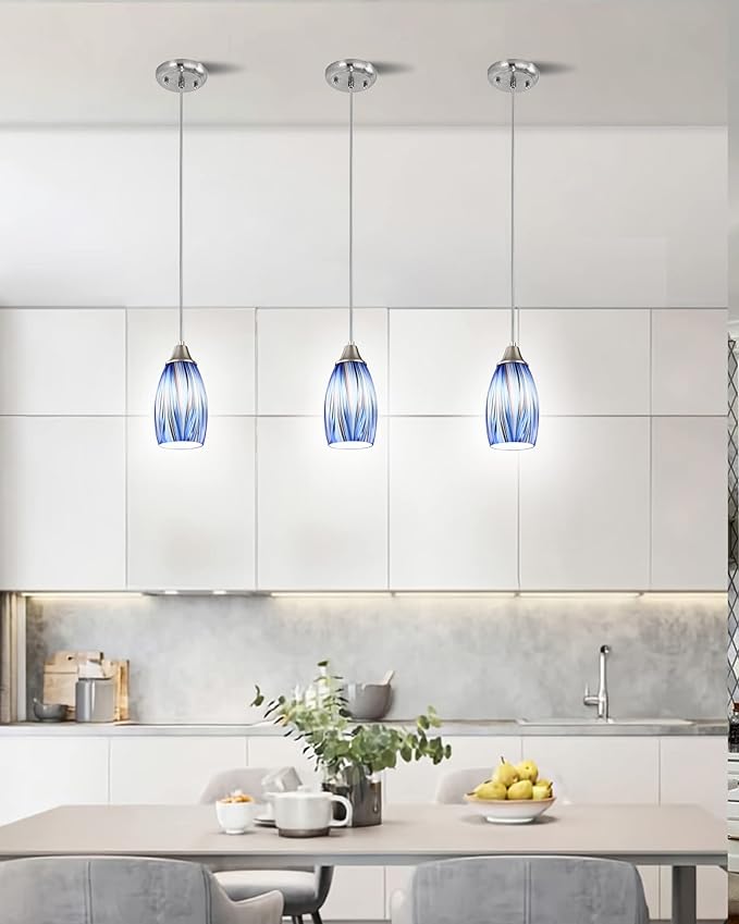 Mini Art Glass Dark Blue Pendant Lights Kitchen Island Hand Blown Mini Glass Pendant Lights with Brush Nickel Finish Adjustable Cord for Kitchen Over Sink,Hallway,Dining Room,Stairsway