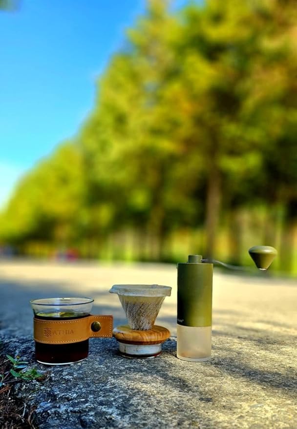 ATHIA glass pour over coffee maker set, minimalist drip coffee maker with reusable cloth filter, glass coffee dripper, olive lid & leather sleeve for single cup manual brewing (Olive Wood)