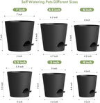 WSMKSZ 7/6.5/6/5.5/5/4 inch Self Watering Pots for Indoor Outdoor Plants, 6 Pack Plastic Flower Planters with Drainage Holes and Removable Saucers, Plant Pots with Wicking Rope, Modern Decor, Black