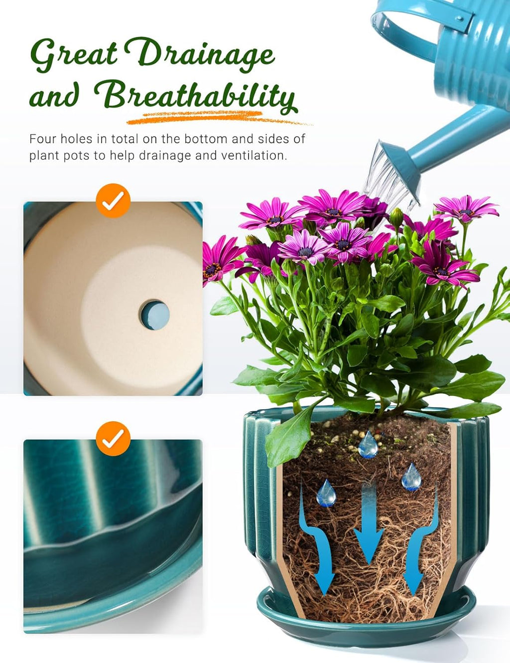AISBUGUR Plant Pots 6 inch Ceramic Pots for Indoor Plants Set of 2 Flower Pots Unique Crackle Glaze Design Plant Pots with Drainage Hole and Saucer Come with Drainage Nets (Aqua Green)