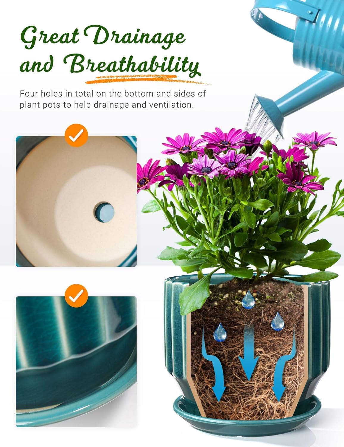 AISBUGUR Plant Pots 6 inch Ceramic Pots for Indoor Plants Set of 2 Flower Pots Unique Crackle Glaze Design Plant Pots with Drainage Hole and Saucer Come with Drainage Nets (Aqua Green)